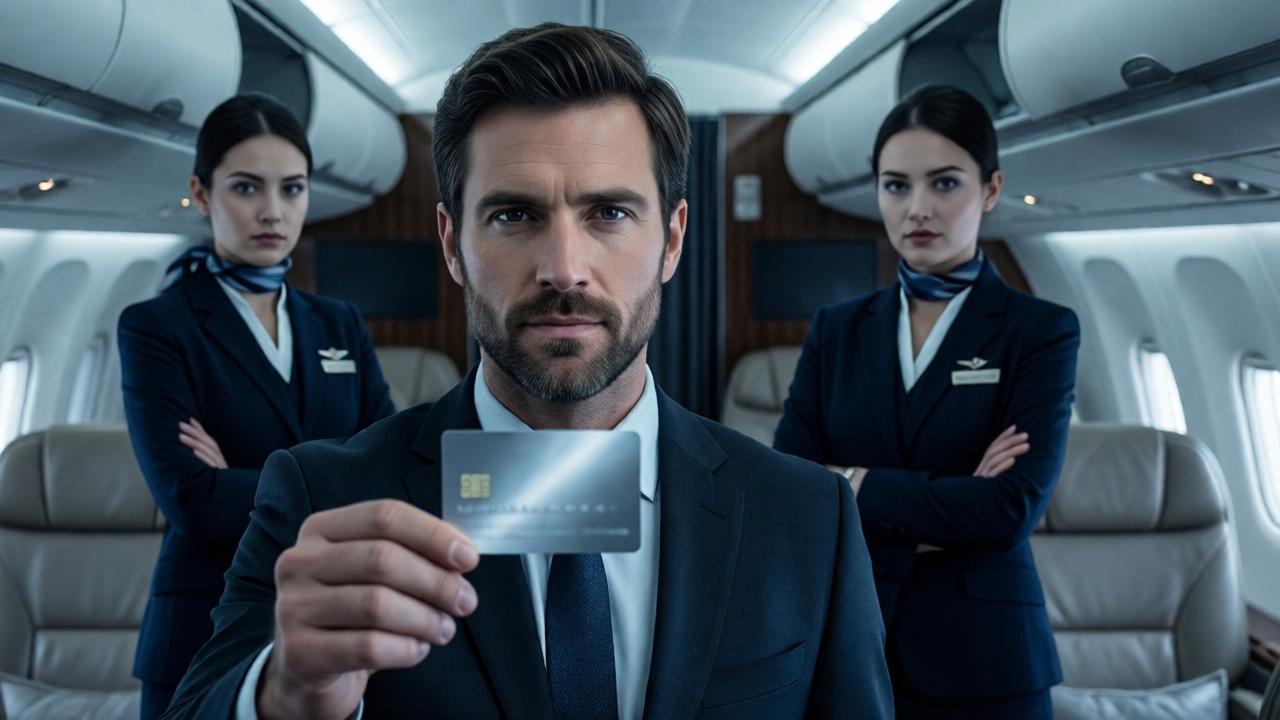 Ein Mann Mitte dreißig hält eine glänzende Karte hoch, während er aufsteht, sein Gesicht ruhig und autoritär. Hinter ihm stehen zwei Flugbegleiterinnen mit verschränkten Armen, ihre Blicke sind frostig; im Hintergrund erkennt man die eleganten Ledersitze der First-Class-Kabine. Dramatische Beleuchtung von oben, die die Karte zum zentralen Bildpunkt macht – ein stiller Machtwechsel in gedämpften Blau- und Grautönen.