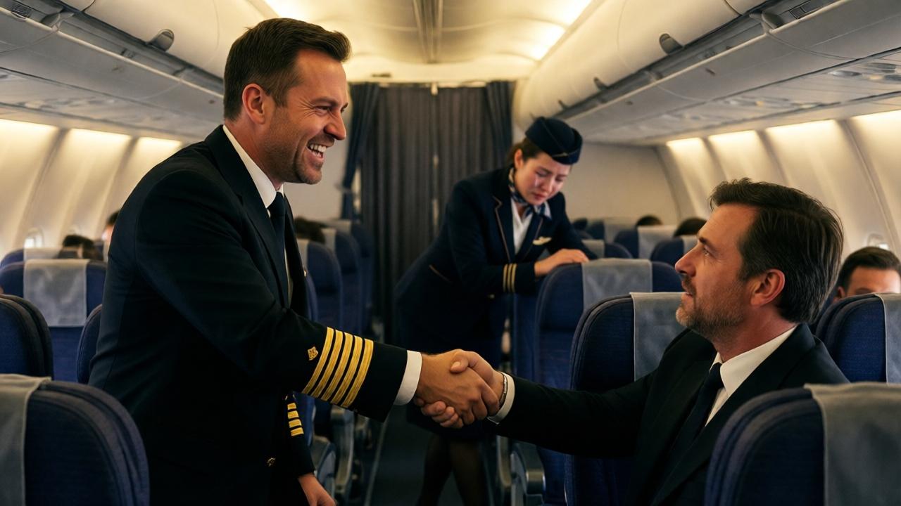 Ein Pilot mit goldenen Streifen am Ärmel schüttelt energisch die Hand eines Mannes, während eine Flugbegleiterin im Hintergrund zusammensackt, Tränen in den Augen. Die Kabine ist in warmes, weiches Licht getaucht, doch die Stimmung ist schwer und melancholisch – weite Totale, die die räumliche Distanz und emotionale Isolation der Figuren sichtbar macht.